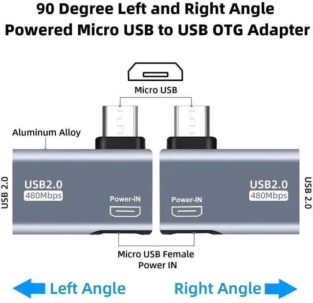 Alt view image 4 of 6 - WRIARICH 2 Pack 90 Degree Left & Right Angled Powered Micro USB to USB OTG Adapter, Grey OTG Cable Converter Compatible with Fire TV Stick 4K, Android Phones, Tablets & Micro USB Host Devices