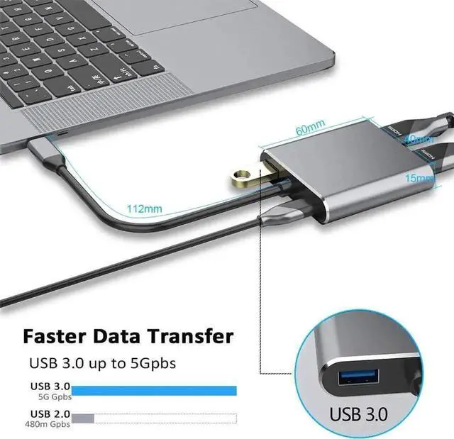 Alt view image 4 of 7 - WRIARICH Gray 4-in-1 USB C Multiport Adapter with 4K HDMI, 1080P VGA, USB 3.0 & PD Charging, Type-C Hub Converter Compatible with MacBook Pro, iPad Pro, PixelBook, Dell XPS