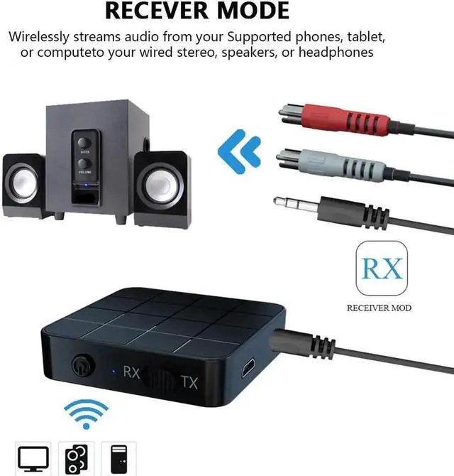 Alt view image 7 of 7 - WRIARICH 2 in 1 Bluetooth 5.0 Transmitter Receiver Wireless Audio Adapter, 3.5mm AUX & RCA Audio Converter for TV, PC, Speaker, Car Stereo