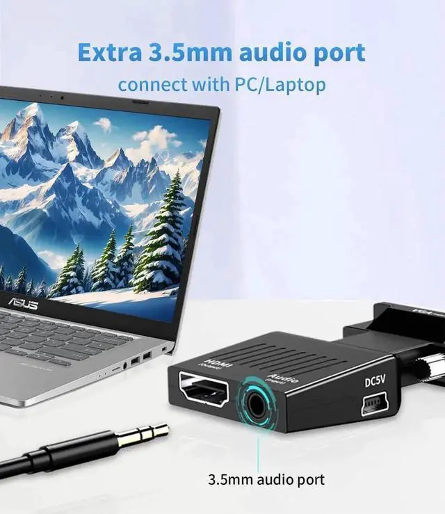 Alt view image 2 of 6 - WRIARICH Uni-Directional VGA Male to HDMI Female Converter Dongle with 3.5mm Audio Port, 1080P@60Hz VGA to HDMI Adapter for Laptop Computer Projector Monitor