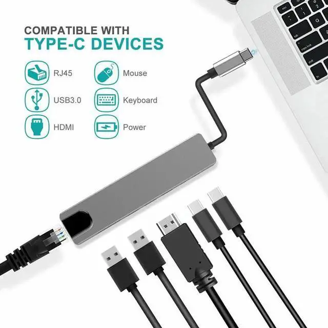 Alt view image 2 of 5 - WRIARICH USB-C Multiport Hub Adapter, 4K@30Hz HDMI, 100Mbps RJ45 Ethernet, 2 USB-A, USB-C Data & 87W PD Charging, Portable Type-C Docking Converter for USB-C Laptops