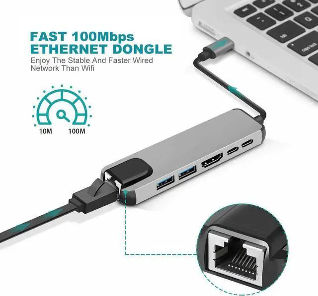 Alt view image 4 of 5 - WRIARICH USB-C Multiport Hub Adapter, 4K@30Hz HDMI, 100Mbps RJ45 Ethernet, 2 USB-A, USB-C Data & 87W PD Charging, Portable Type-C Docking Converter for USB-C Laptops