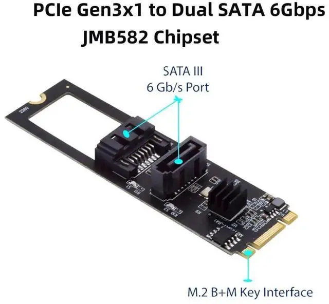 Alt view image 3 of 7 - WRIARICH JMB582 M.2 B+M Key 1 to 2 SATA3 6Gbps Expansion Adapter Card for 2280 NGFF Slot