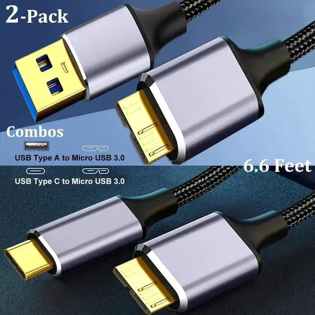 Alt view image 2 of 7 - WRIARICH 2-Pack Nylon Braided USB 3.0 Micro B Cable 6.6FT, USB-A & USB-C to Micro USB B Cord for External Hard Drives & Digital Cameras
