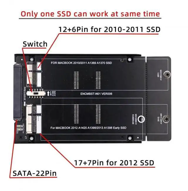 Alt view image 2 of 7 - WRIARICH 2.5 Inch 22Pin SATA to Apple 12+6/17+7Pin SSD Adapter Enclosure for 2010-2012 MacBook Air Pro Retina A1425 A1398 MC975 MC976