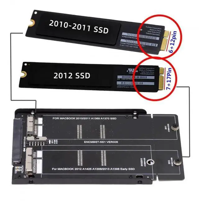 Alt view image 4 of 7 - WRIARICH 2.5 Inch 22Pin SATA to Apple 12+6/17+7Pin SSD Adapter Enclosure for 2010-2012 MacBook Air Pro Retina A1425 A1398 MC975 MC976
