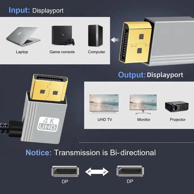Alt view image 6 of 6 - WRIARICH 200cm 90° Right Angled DisplayPort to DP Cable with Silver Sleeve, Supports 4K@60Hz UHD Audio Video Sync for Desktop Laptop Monitor Graphics Card