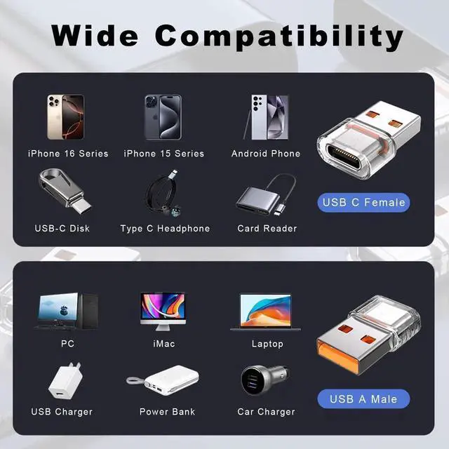 Alt view image 2 of 7 - 6 Pack Clear USB A Male to USB C Female Adapter, USB to Type C Charging Converter Compatible with iPhone 15/16 Series, Apple Watch Ultra, AirPods, iPad, Galaxy S24/S23, Car Chargers & All USB-C Device