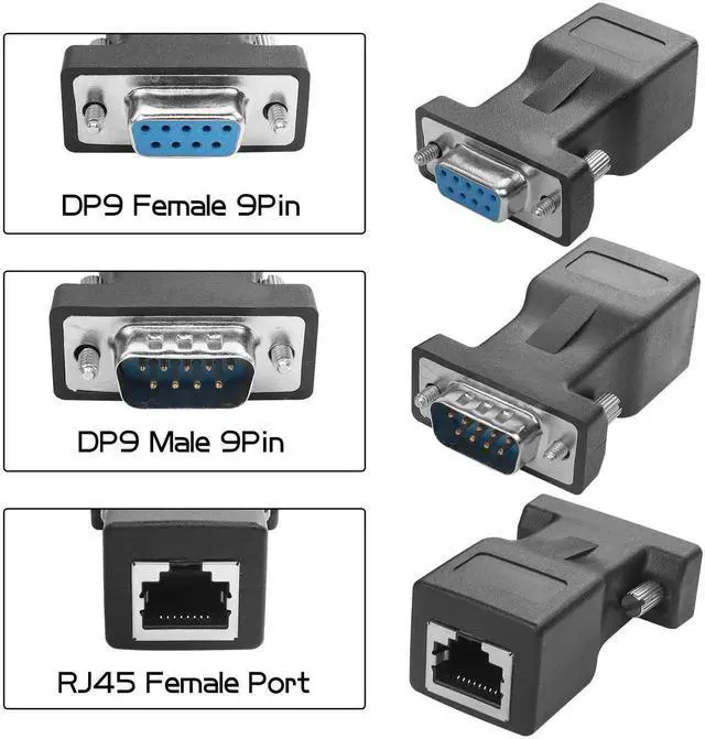 Alt view image 3 of 6 - WRIARICH 1 Pair DB9 RS232 Male & Female to RJ45 Female Serial Console Adapter, DB9 9Pin Serial Port to Cat5/Cat6 Ethernet LAN Converter