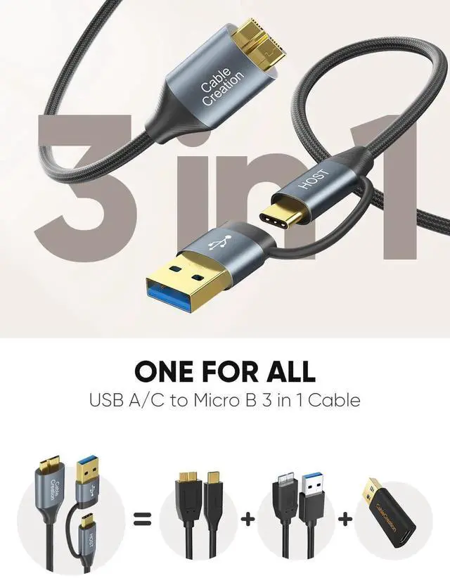 Alt view image 4 of 7 - WRIARICH 3FT USB 3.0 Cable, USB A/C to Micro B 5Gbps Data Cord, Grey, Compatible with iPhone 15 Series, WD External Hard Drive and Camera