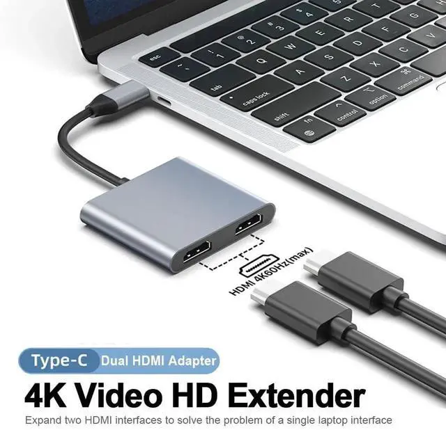 Alt view image 2 of 7 - USB-C to Dual HDMI 4K@60Hz Adapter, Type-C Dual Monitor Splitter Supporting Extended Display Mode, Multiport Display Converter Compatible with MacBook Air/Pro, Dell XPS, HP, Surface & Chromebook Lapto
