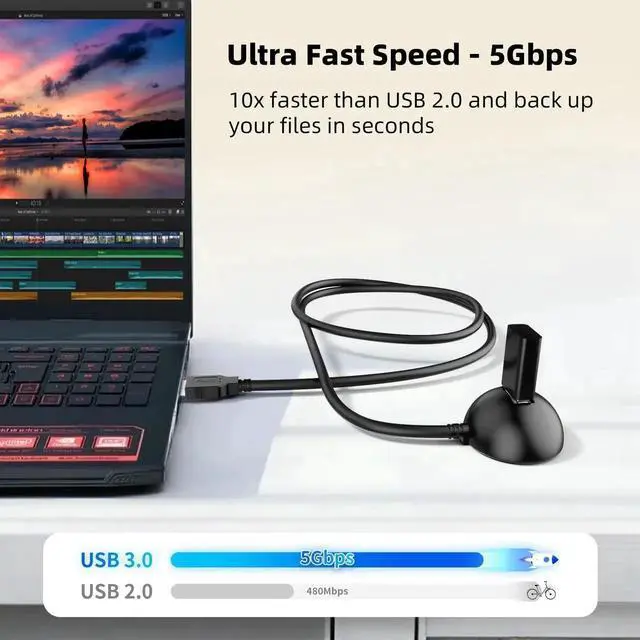 Alt view image 4 of 7 - WRIARICH 10FT USB 3.0 Male to Female Extension Cable with Fixed Pedestal Stand, 5Gbps USB Extender Cord for Flash Drive, Card Reader, Keyboard, Mouse & Webcam