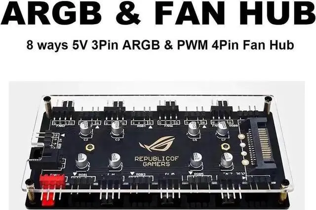 Alt view image 2 of 5 - WRIARICH 2-in-1 8-Port Fan & ARGB Splitter Hub, 4-Pin PWM Fan Controller + 5V 3Pin Addressable RGB Hub, SATA Powered, PMMA Casing, Supports Synchronous Lighting & Fan Speed Regulation