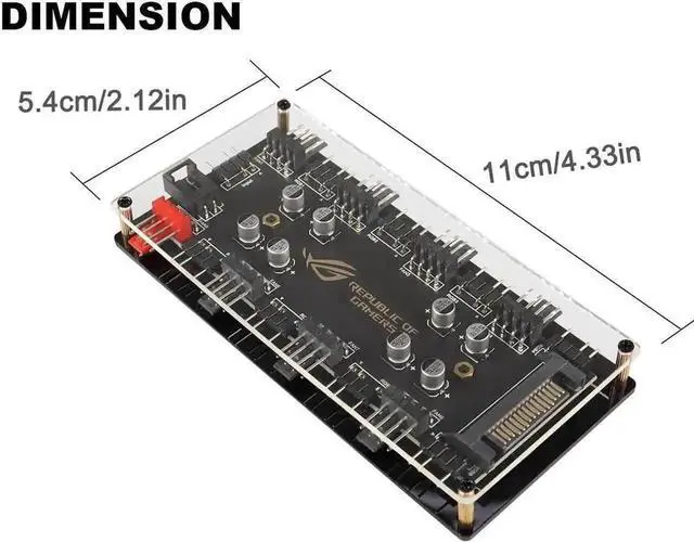 Alt view image 3 of 5 - WRIARICH 2-in-1 8-Port Fan & ARGB Splitter Hub, 4-Pin PWM Fan Controller + 5V 3Pin Addressable RGB Hub, SATA Powered, PMMA Casing, Supports Synchronous Lighting & Fan Speed Regulation