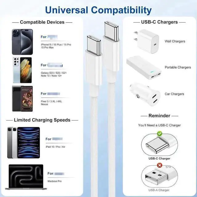 Alt view image 5 of 7 - WRIARICH 3-Pack 6Ft/2M USB-C to USB-C Cable, 60W 3.1A Fast Charging Cord for iPhone 16/15 Series, MacBook Air/Pro, Samsung S24/S23