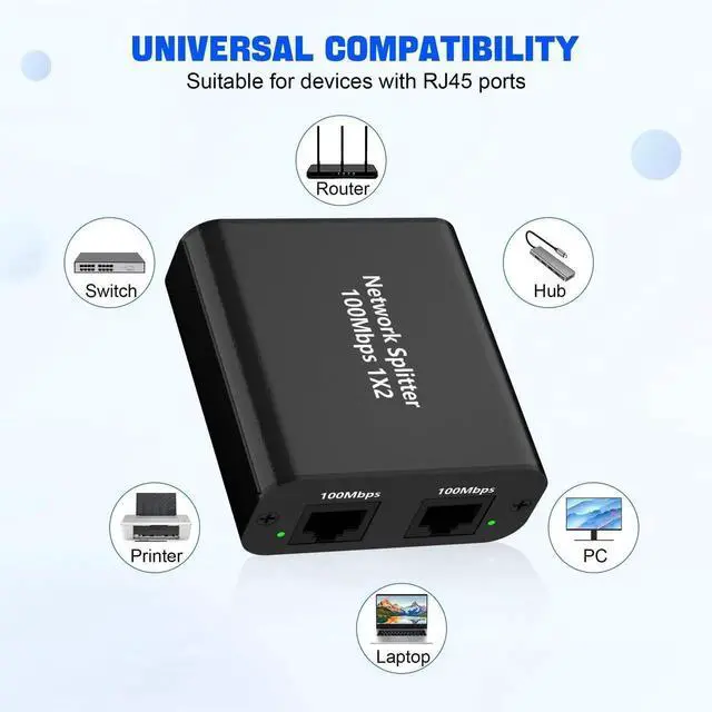 Alt view image 2 of 7 - WRIARICH 1 to 2 Port 100Mbps RJ45 Ethernet Splitter with USB Power Cable, LAN Network Splitter Allows 2 Devices Online Simultaneously, Compatible with Cat5/Cat5e/Cat6/Cat7 Ethernet Cables