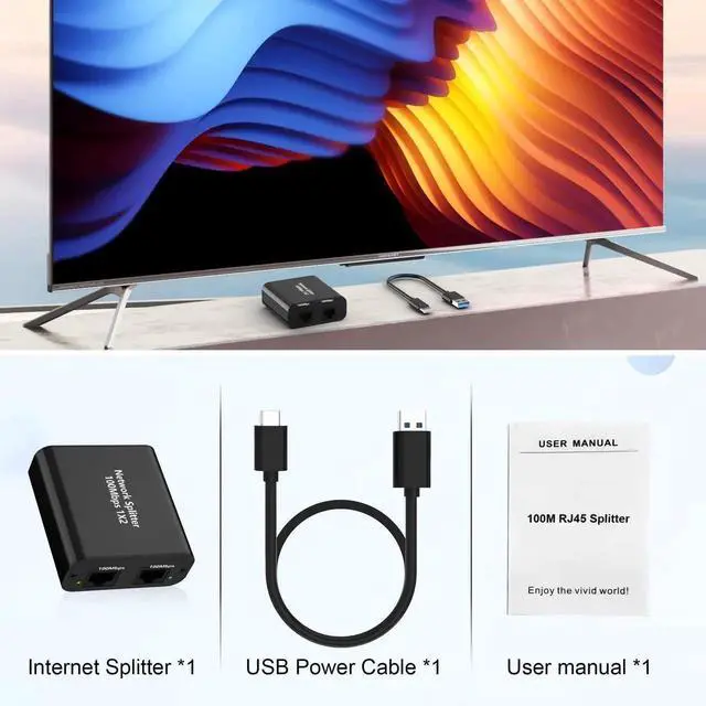 Alt view image 4 of 7 - WRIARICH 1 to 2 Port 100Mbps RJ45 Ethernet Splitter with USB Power Cable, LAN Network Splitter Allows 2 Devices Online Simultaneously, Compatible with Cat5/Cat5e/Cat6/Cat7 Ethernet Cables