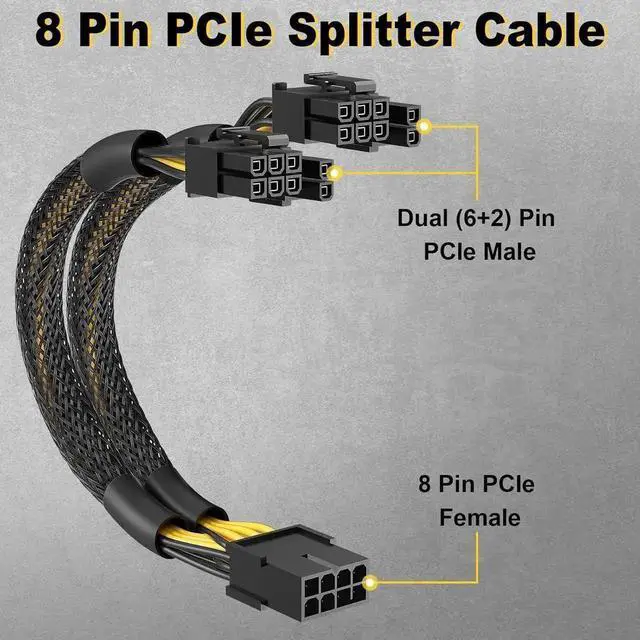 Alt view image 6 of 7 - WRIARICH 2-Pack 9 Inch PCIe 8 Pin Female to Dual 8 Pin (6+2 Detachable) GPU Power Splitter Cable with Heat-Shrink Tubing