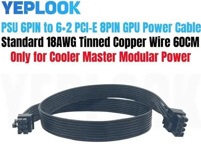Main image of WRIARICH 60cm 18AWG PCIe 6Pin to 8Pin(6+2) GPU Modular Power Cable, Compatible with Cooler Master V850 V1000 V1200 & Silent Pro Gold 1200W PSU