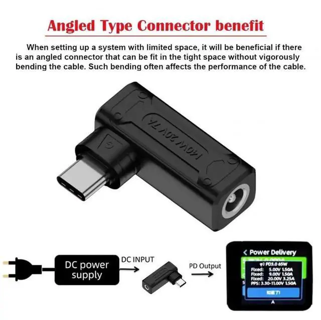 Alt view image 6 of 7 - WRIARICH 90 Degree Angled DC 5.5x2.1mm to USB-C Power Adapter 100W/140W Fast Charging Converter for Laptops & Phones