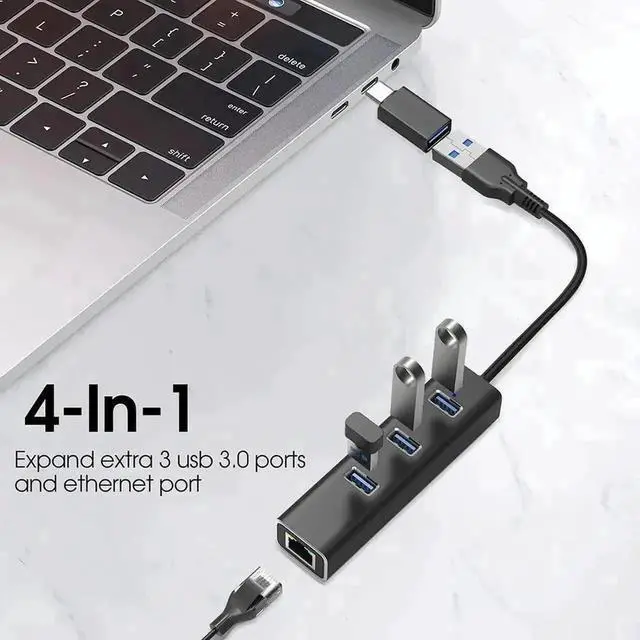 Alt view image 4 of 7 - WRIARICH 4-in-1 Aluminum USB 3.0 Hub with Gigabit 1000Mbps RJ45 Ethernet Adapter, 3-Port USB Splitter Multi Port Expander for Laptop Desktop