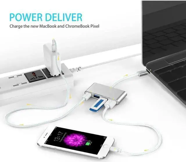 Alt view image 2 of 7 - 4-in-1 USB-C Multiport Hub with USB-C PD Charging, USB 3.0 & USB 2.0 Ports, Portable Type-C Adapter Compatible with MacBook Air, MacBook Pro 13/15, Chromebook Pixel, Dell XPS & All Type-C Laptops