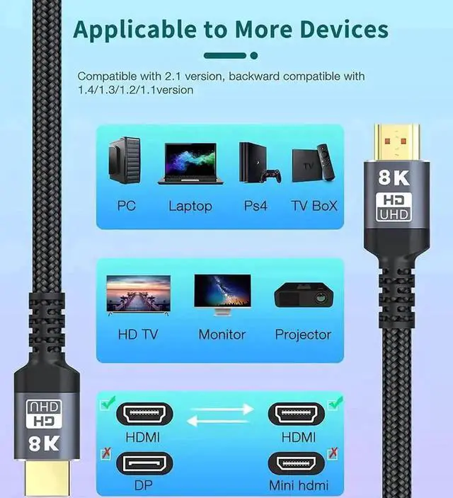Alt view image 5 of 7 - WRIARICH 1M/3.3FT Ultra High Speed HDMI 2.1 Braided Cable, 48Gbps Bandwidth, Supports 8K@60Hz, 4K@120Hz, HDR10, Dynamic HDR, eARC, DTS:X, HDCP 2.2 & 2.3 for Laptop, Monitor, Roku, Fire TV