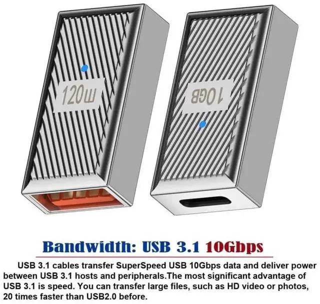 Alt view image 5 of 7 - WRIARICH USB 3.1 Type-C Female to USB 3.0 A Female Adapter, 10Gbps OTG Data 120W Power Pass-Through Converter, Alloy Mecha Cyberpunk Style Dual Female Port Connector