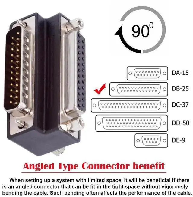Alt view image 2 of 7 - WRIARICH 90 Degree Down Angled DB25 Male to Female D-SUB Coupler, LPT Parallel AES/EBU 25Pin Right Angle Adapter with Lock Nuts & Screw Posts