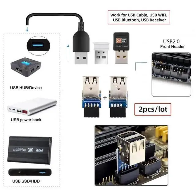 Alt view image 5 of 7 - WRIARICH 2 Pack Vertical USB 2.0 Header Splitter Adapter, Motherboard 9Pin/10Pin Female to Dual USB2.0 Female Internal Extension Connector