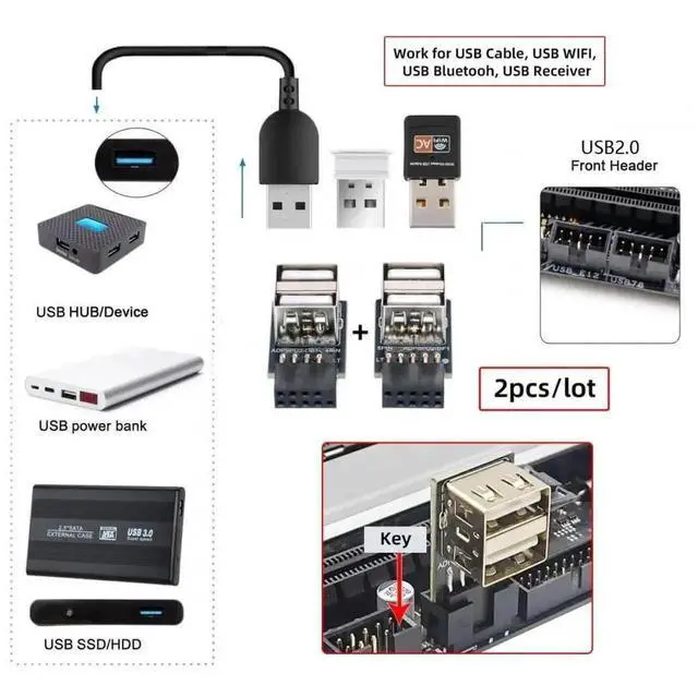 Alt view image 6 of 7 - WRIARICH 2 Pack Horizontal Motherboard Header Splitter Adapter, 9Pin/10Pin Female to Dual USB 2.0 Female Internal Extension Connector