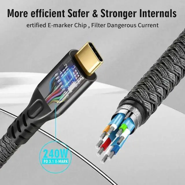 Alt view image 3 of 7 - WRIARICH 10FT/3M USB-C Cable, 3.2 Gen 2x2 20Gbps Data, 240W PD3.1 Fast Charging, 4K@60Hz Video Cord with E-Marker, Compatible with Thunderbolt 3/4, MacBook Pro, Galaxy, Pixel, Monitor