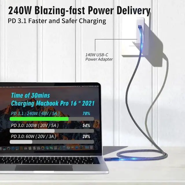 Alt view image 7 of 7 - WRIARICH 10FT/3M USB-C Cable, 3.2 Gen 2x2 20Gbps Data, 240W PD3.1 Fast Charging, 4K@60Hz Video Cord with E-Marker, Compatible with Thunderbolt 3/4, MacBook Pro, Galaxy, Pixel, Monitor