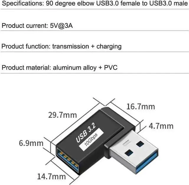 Alt view image 5 of 5 - WRIARICH 2 Pack Black 90 Degree Left & Right Angle USB 3.0 Male to Female Extension Adapter, 10Gbps High Speed USB Port Extender Connector for Laptop PC Power Bank