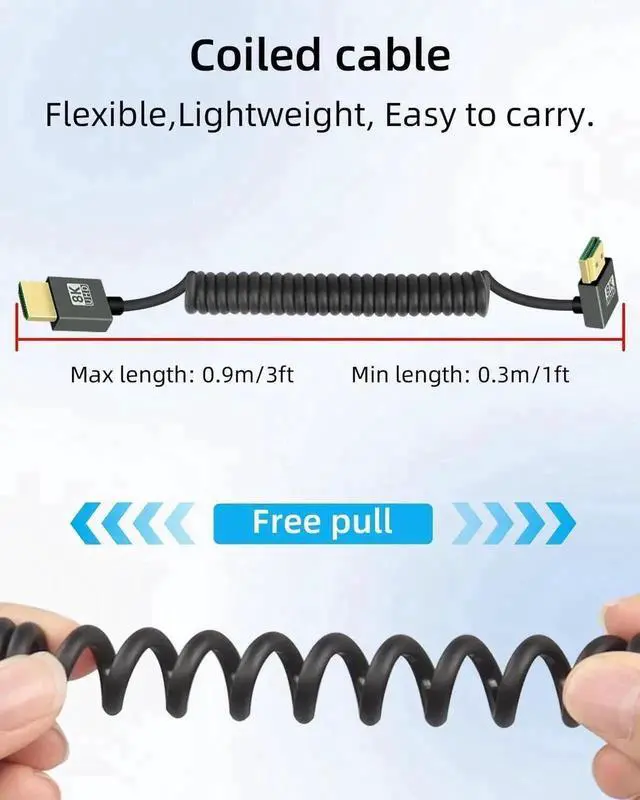 Alt view image 3 of 7 - WRIARICH 2.2FT 270° Down Angled Coiled HDMI 2.1 Cable, 48Gbps High Speed 8K@60Hz Spring Spiral HDMI Male to Male Cord for Camera TV Capture Card Tablet