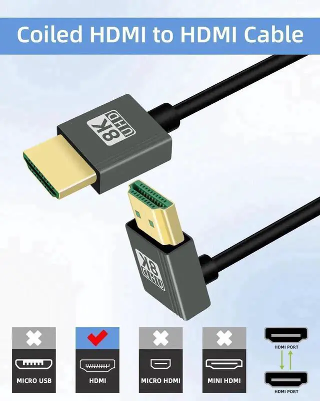 Alt view image 7 of 7 - WRIARICH 2.2FT 270° Down Angled Coiled HDMI 2.1 Cable, 48Gbps High Speed 8K@60Hz Spring Spiral HDMI Male to Male Cord for Camera TV Capture Card Tablet