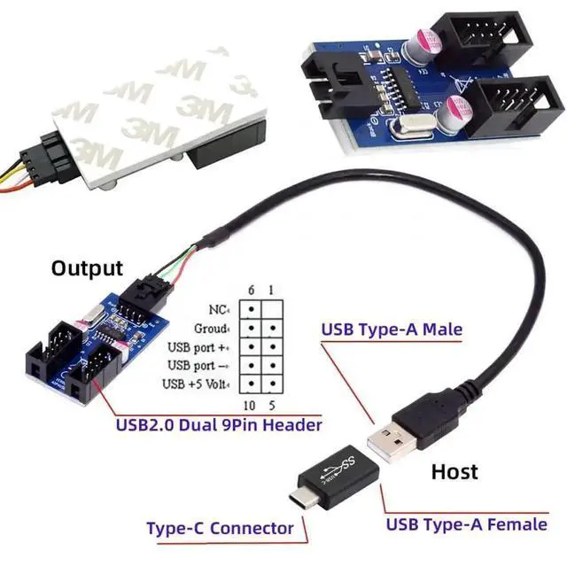 Alt view image 6 of 7 - WRIARICH USBC Male to Dual USBA Female Hub Adapter | USB2.0 9/10Pin Mainboard Header MultiPort Splitter Cable