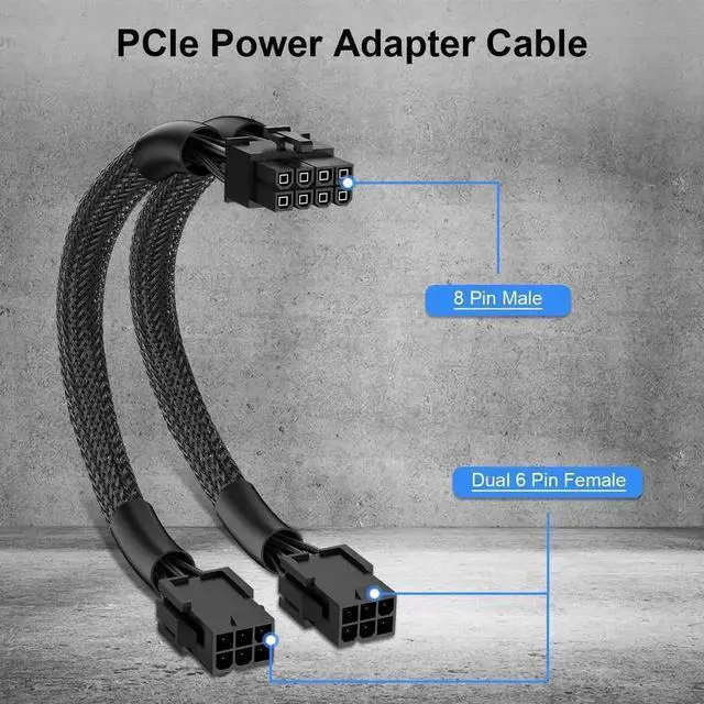 Alt view image 4 of 7 - WRIARICH 9 Inch Braided PCIe Power Adapter Cable, Dual 6-Pin Female to Single 8-Pin Male GPU Power Connector, 1 Pack