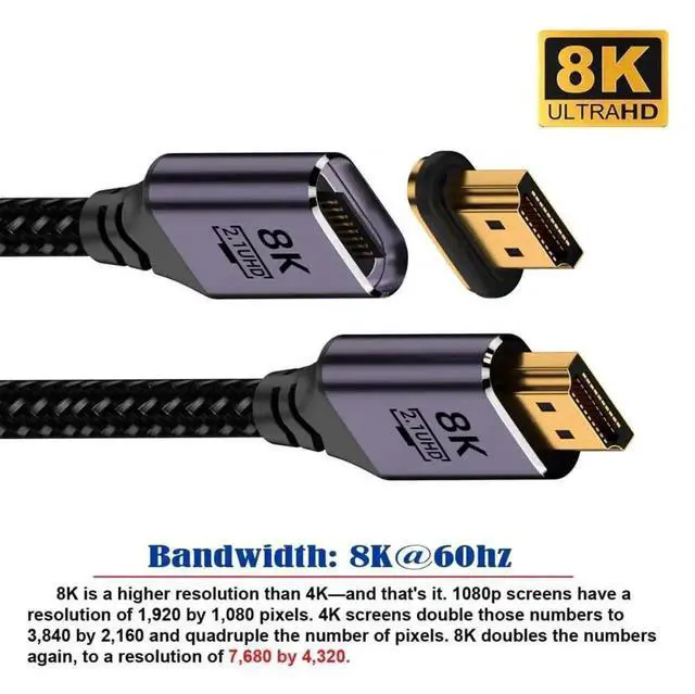 Alt view image 2 of 7 - WRIARICH 100cm Magnetic HDMI 2.1 Cable, Type-A Male to Straight Male Cord Support 8K UHD for Laptops & HDTVs