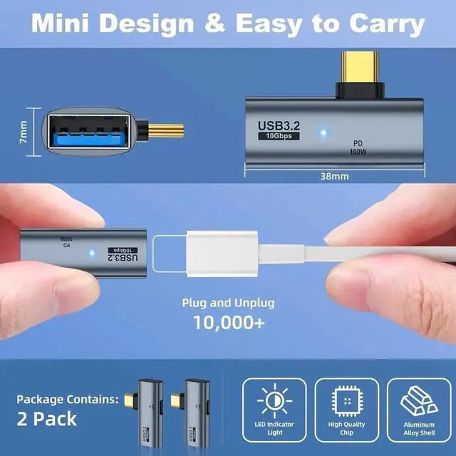 Alt view image 4 of 7 - 2 Pack 2-in-1 USB-C OTG Adapter, USB 3.2 Gen2 10Gbps Data Converter with 100W PD Charging Port, Type-C Splitter Compatible with Meta Quest 2, ROG Ally, Steam Deck, iPhone 15 Series, iPad, MacBook & Al