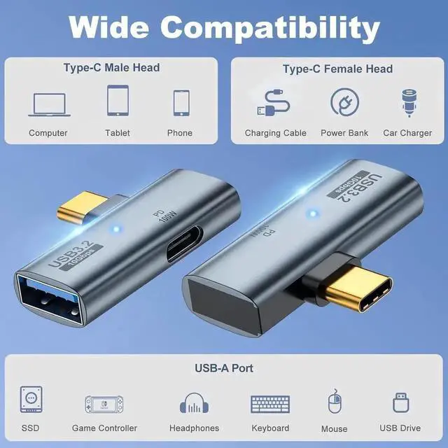 Alt view image 5 of 7 - 2 Pack 2-in-1 USB-C OTG Adapter, USB 3.2 Gen2 10Gbps Data Converter with 100W PD Charging Port, Type-C Splitter Compatible with Meta Quest 2, ROG Ally, Steam Deck, iPhone 15 Series, iPad, MacBook & Al