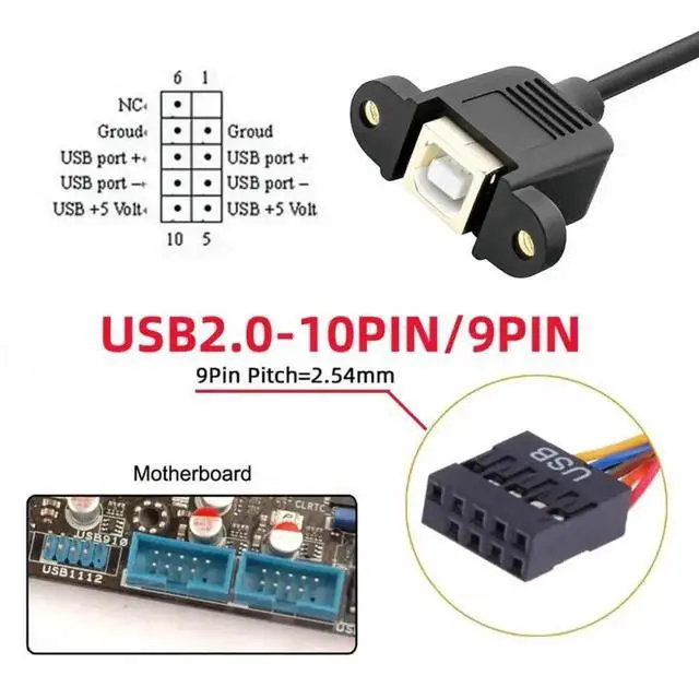 Alt view image 2 of 7 - WRIARICH USB 2.0 Motherboard 9/10Pin Header to Type-B Female Panel Mount Cable with Lock Nuts for Industrial Equipment Chassis