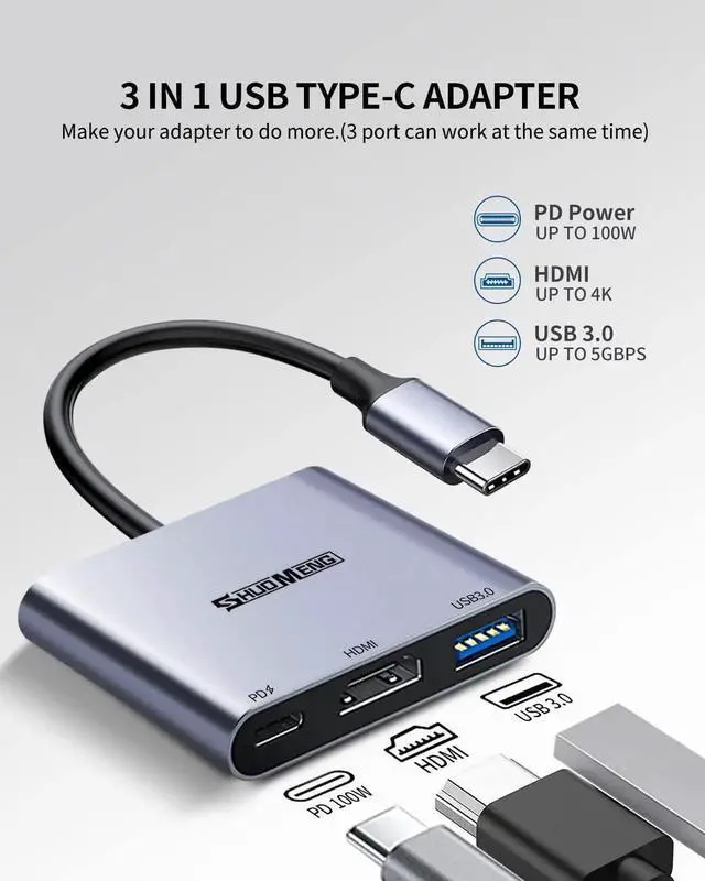 Alt view image 6 of 6 - WRIARICH 3-in-1 USB C Multiport Adapter, Type-C Hub with 4K HDMI, USB 3.0 Data Port & 100W PD Fast Charging, AV Video Converter Compatible with MacBook, iPad, Chromebook, USB-C Laptops & Phones