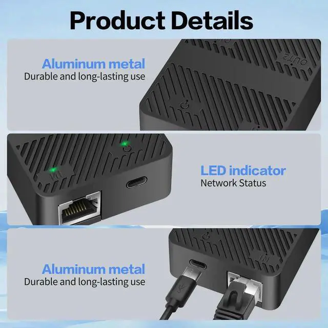 Alt view image 5 of 7 - WRIARICH Black RJ45 Ethernet Splitter 1 to 2 Port, 100Mbps Network Extender Adapter with USB-C Power Cord, Supports 2 Devices Simultaneously via Cat5/Cat5e/Cat6/Cat7/Cat8 LAN Cable