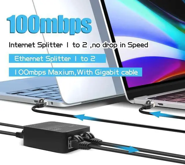 Alt view image 7 of 7 - WRIARICH Black RJ45 Ethernet Splitter 1 to 2 Port, 100Mbps Network Extender Adapter with USB-C Power Cord, Supports 2 Devices Simultaneously via Cat5/Cat5e/Cat6/Cat7/Cat8 LAN Cable