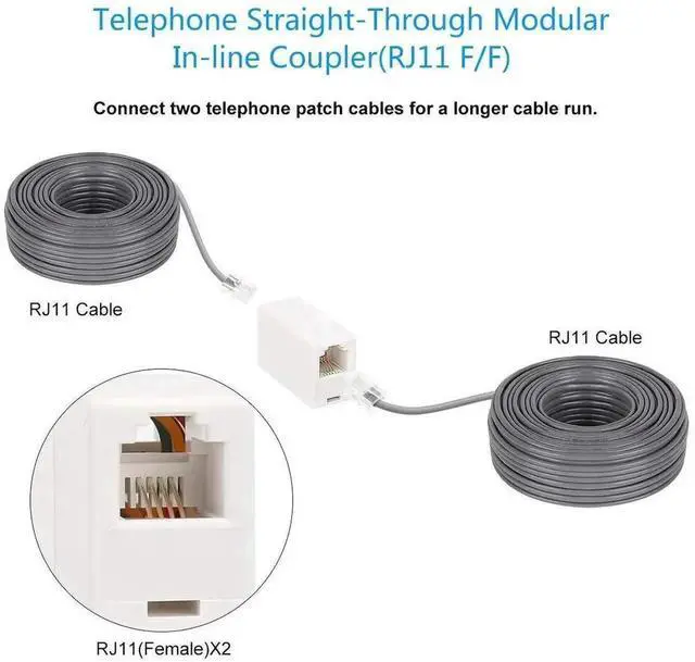 Alt view image 5 of 7 - WRIARICH RJ11 6P4C Female to Female Inline Coupler, Straight Telephone Cable Connector, White, 2 Pack