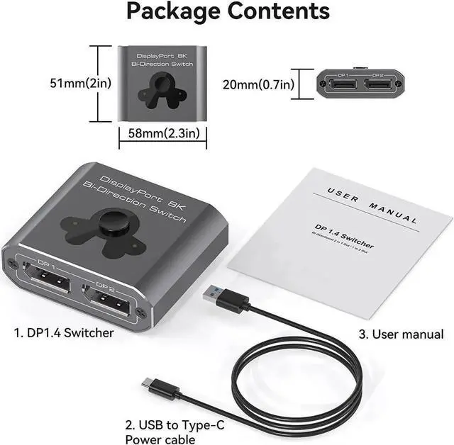 Alt view image 2 of 7 - WRIARICH DP 1.4 Bi-Directional DisplayPort Switch, 8K@60Hz 4K@120Hz 2 in 1 Out / 1 in 2 Out DP Selector Splitter Box, Manual One-Touch Switch Compatible with PC, Laptop, Monitor, Projector, HD TV