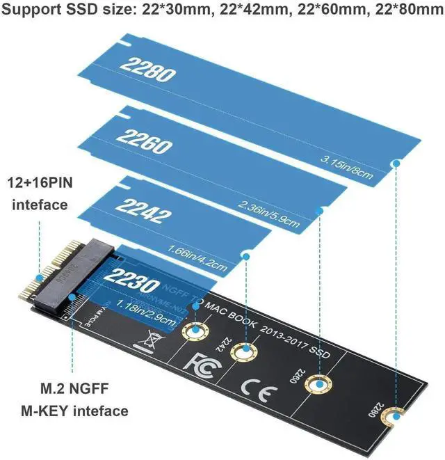 Alt view image 2 of 7 - WRIARICH 12+16Pin to M.2 M-Key NVMe SSD Adapter Card, Storage Upgrade Converter for 2013-2017 Mac Notebooks