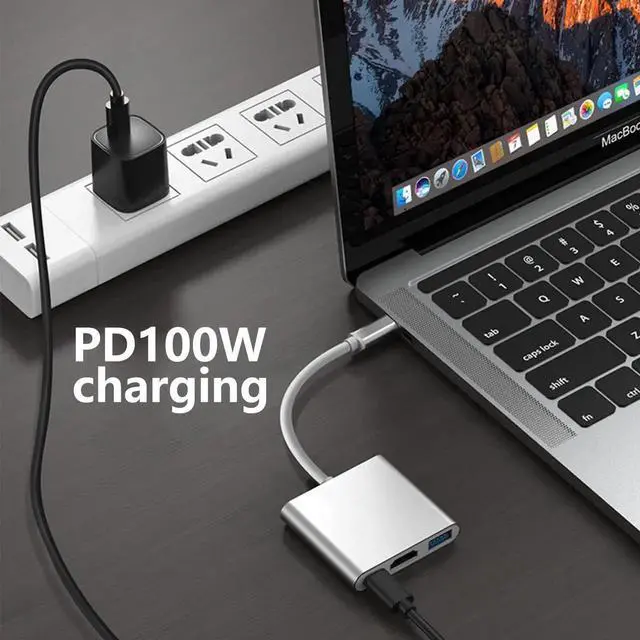 Alt view image 6 of 7 - WRIARICH 3-in-1 USB C Multiport Hub Adapter, 4K HDMI HDTV Output, USB 3.0 Data Port & 100W PD Charging Dongle, Compatible with MacBook, HP, Samsung All USB-C Laptops