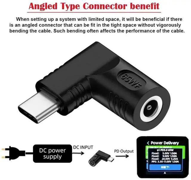 Alt view image 2 of 7 - WRIARICH 90 Degree Right Angle DC 5.5x2.1mm to USB-C PD Power Converter Plug, 20V DC Input to Type-C Output Charging Adapter